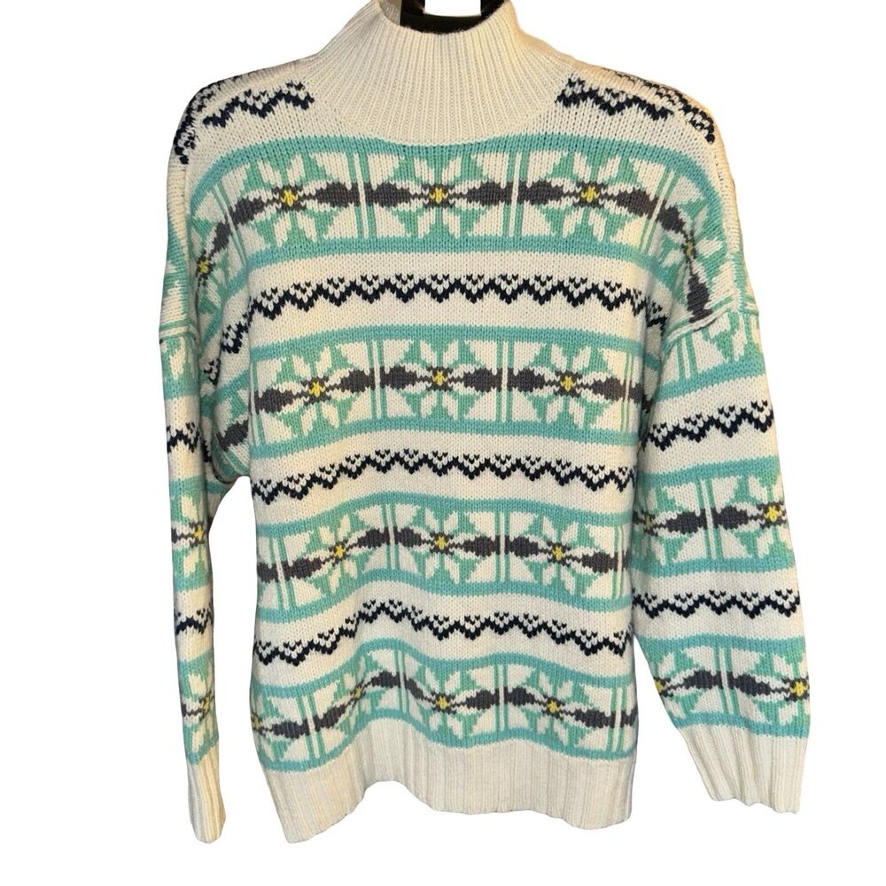 NWT American Eagle Fair Isle Mock Neck Sweater Aqua Teal Cream Size Medium